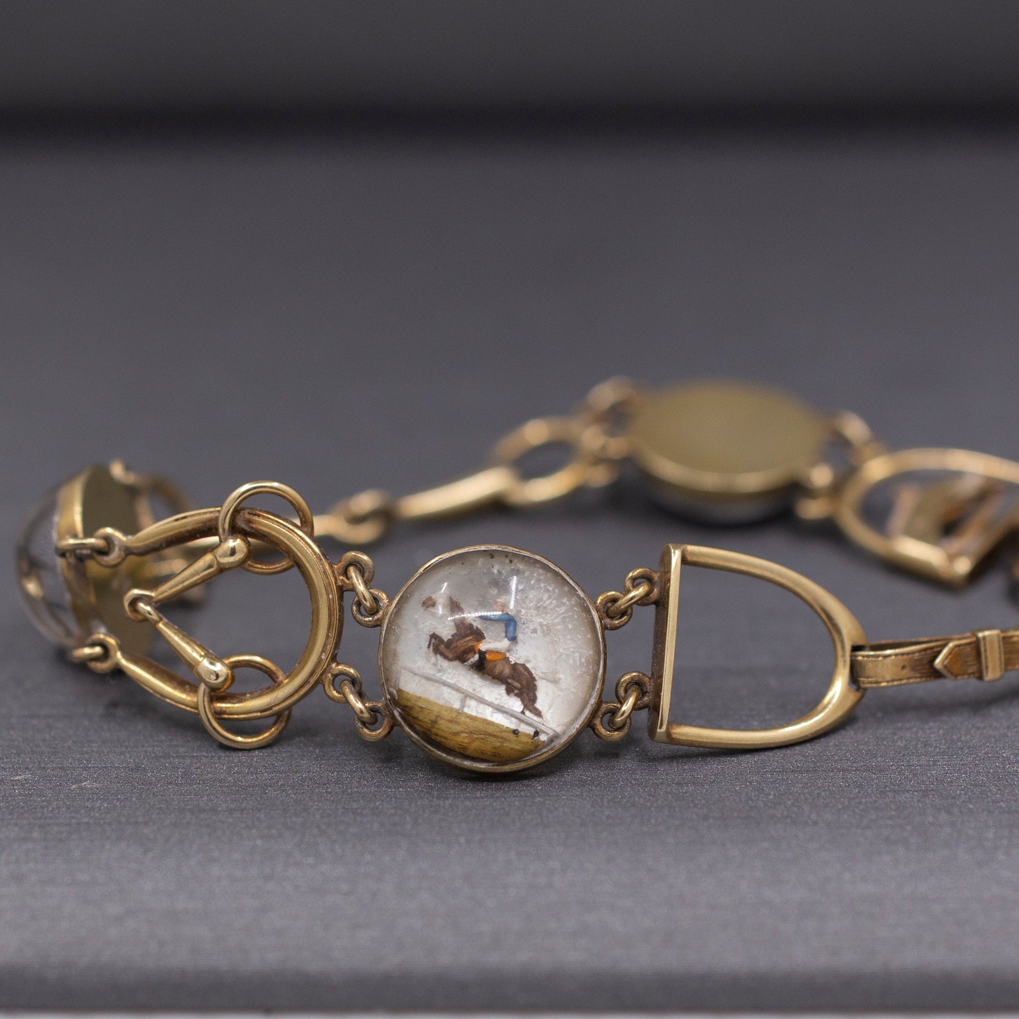 Antique Art Deco Equestrian Fox Hunt Essex Crystal Bracelet in 14k Yellow Gold