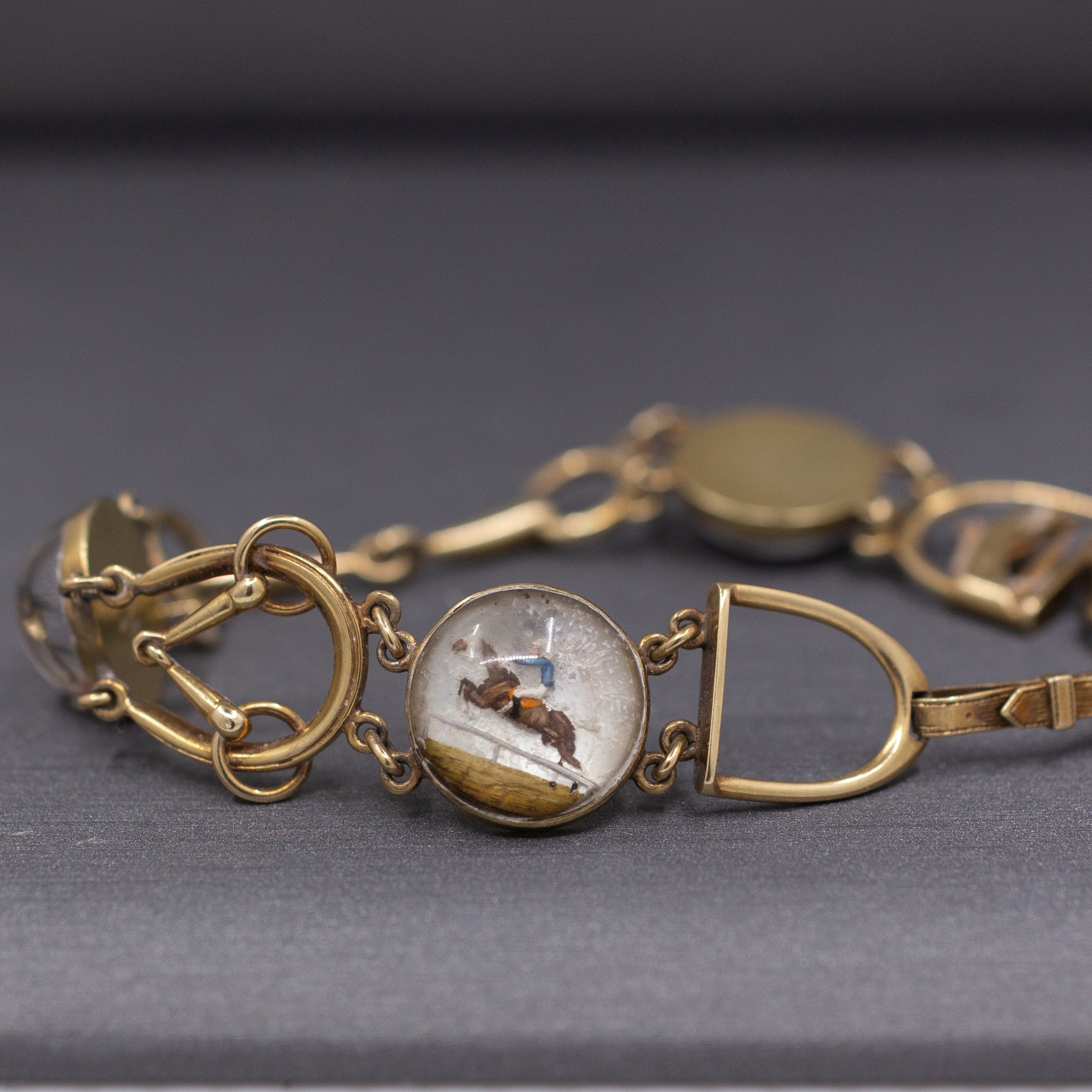 Antique Art Deco Equestrian Fox Hunt Essex Crystal Bracelet in 14k Yellow Gold
