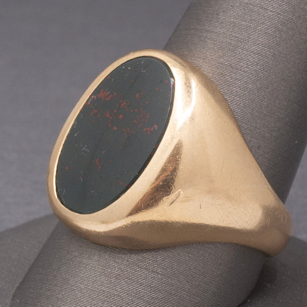 Vintage Men's Bloodstone Oval Signet Ring in 10k Yellow Gold