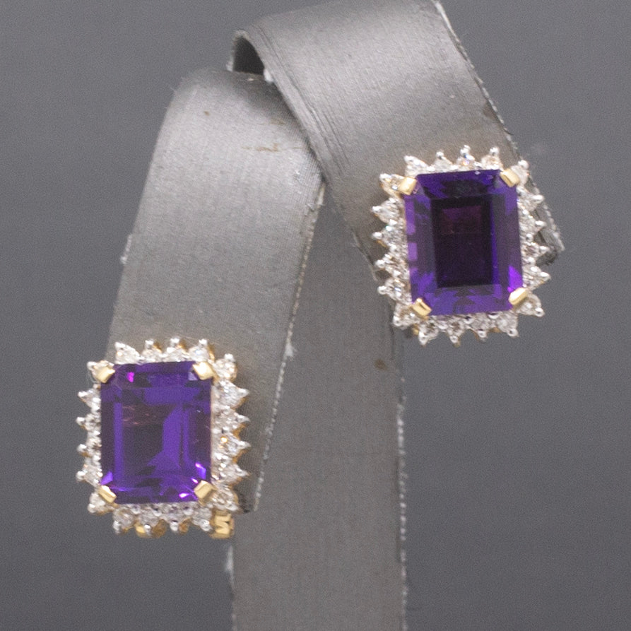 Gorgeous Grape Colored Amethyst and Diamond Omega Back Earrings in 14k Yellow Gold