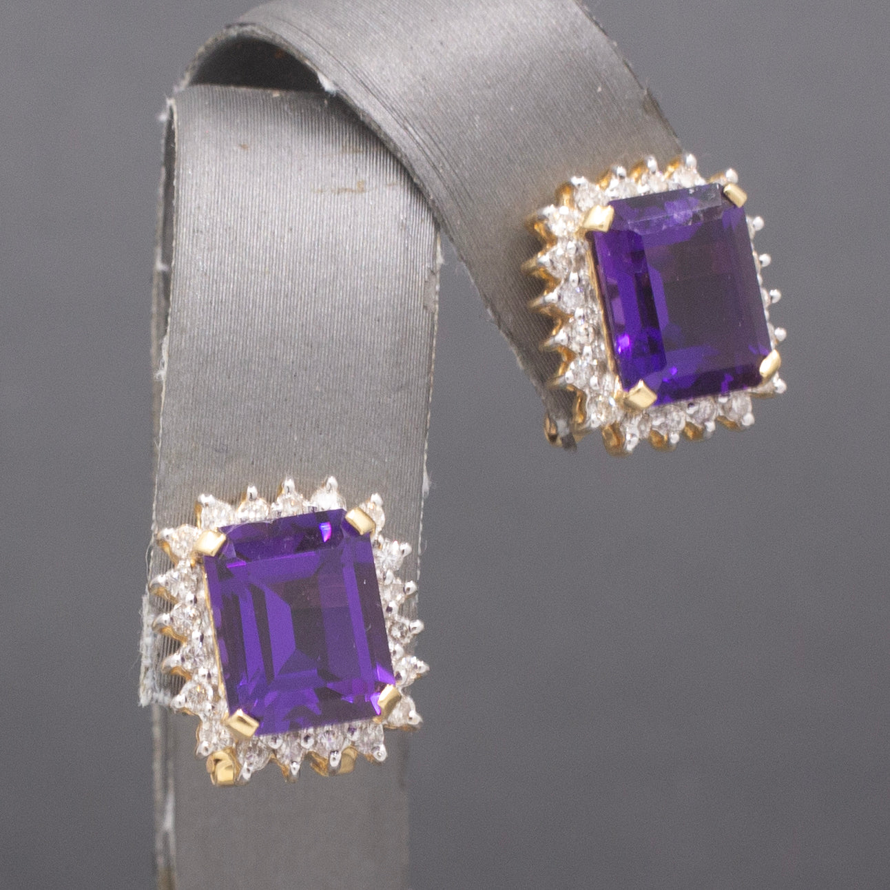 Gorgeous Grape Colored Amethyst and Diamond Omega Back Earrings in 14k Yellow Gold