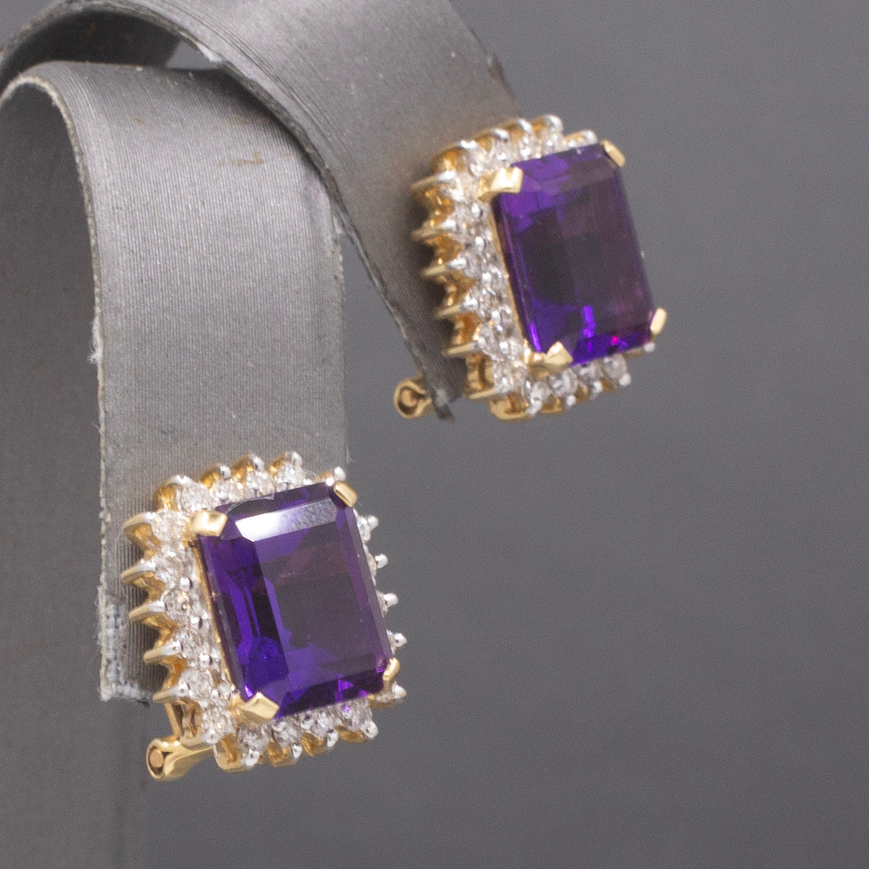 Gorgeous Grape Colored Amethyst and Diamond Omega Back Earrings in 14k Yellow Gold