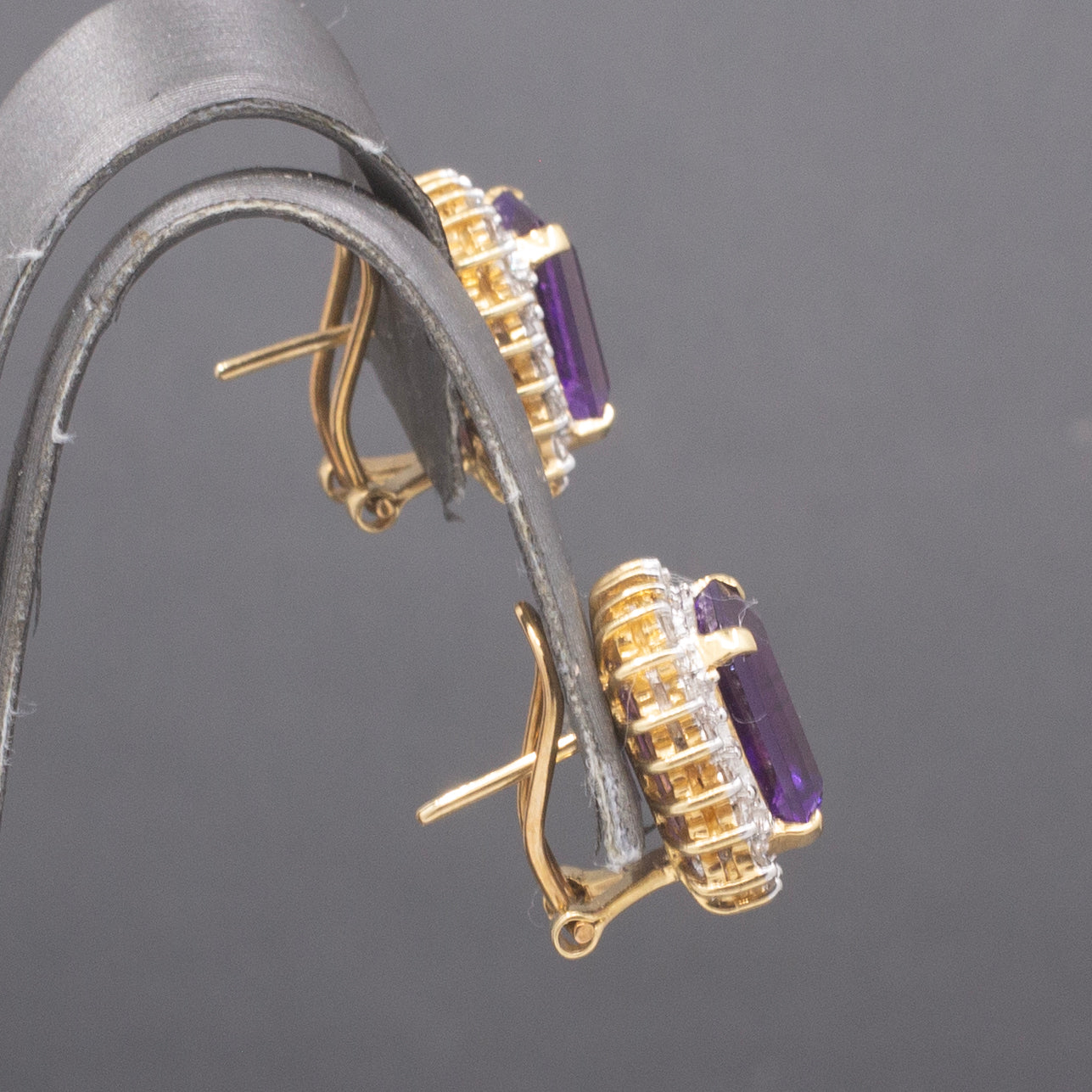 Gorgeous Grape Colored Amethyst and Diamond Omega Back Earrings in 14k Yellow Gold