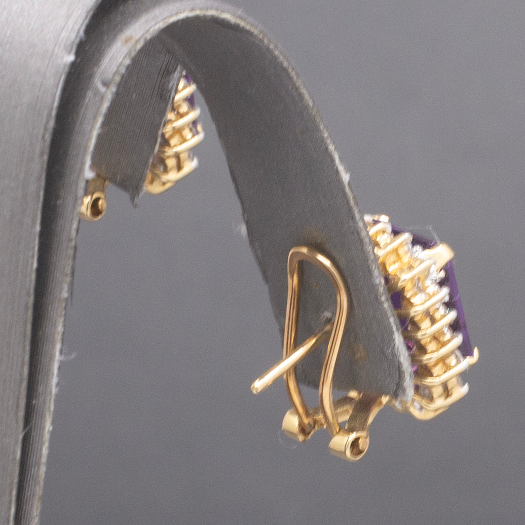 Gorgeous Grape Colored Amethyst and Diamond Omega Back Earrings in 14k Yellow Gold