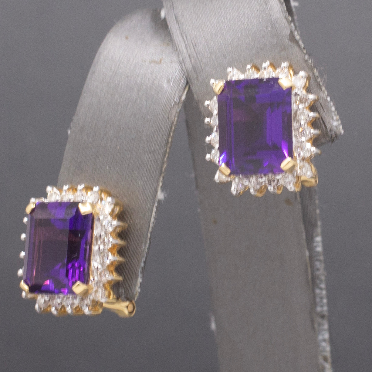 Gorgeous Grape Colored Amethyst and Diamond Omega Back Earrings in 14k Yellow Gold