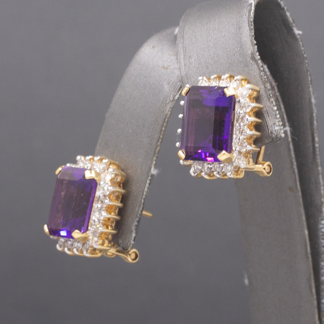Gorgeous Grape Colored Amethyst and Diamond Omega Back Earrings in 14k Yellow Gold