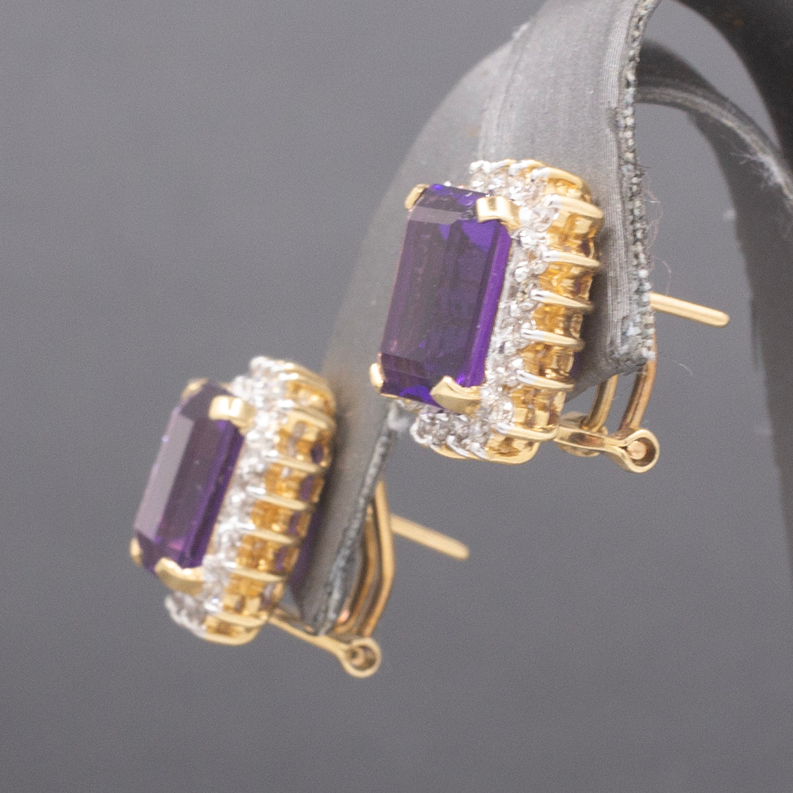 Gorgeous Grape Colored Amethyst and Diamond Omega Back Earrings in 14k Yellow Gold