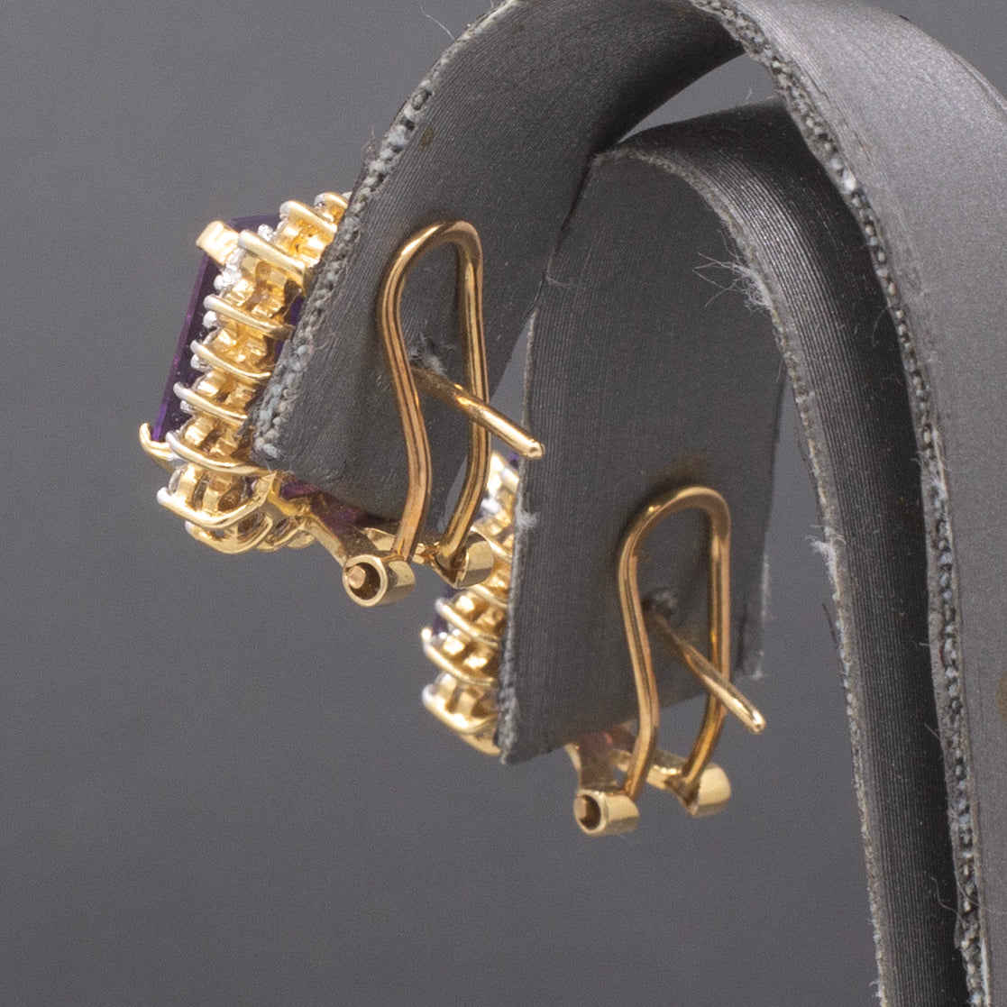 Gorgeous Grape Colored Amethyst and Diamond Omega Back Earrings in 14k Yellow Gold