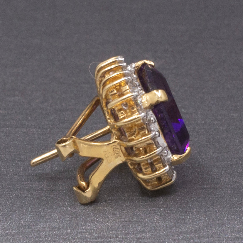 Gorgeous Grape Colored Amethyst and Diamond Omega Back Earrings in 14k Yellow Gold