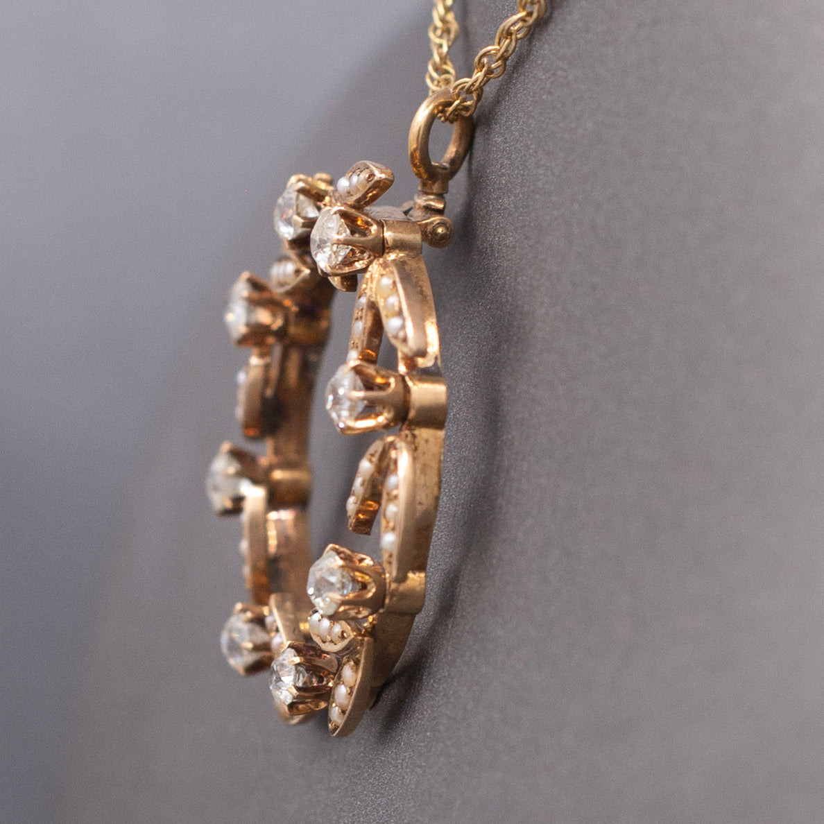 Sweet Antique Victorian Wreath Pendant with Seed Pearls and Old Mine Cut Diamonds in 14 Yellow Gold