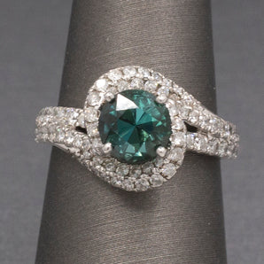 Teal Green Blue Indicolite Tourmaline and Diamond Bypass Ring in 14k White Gold