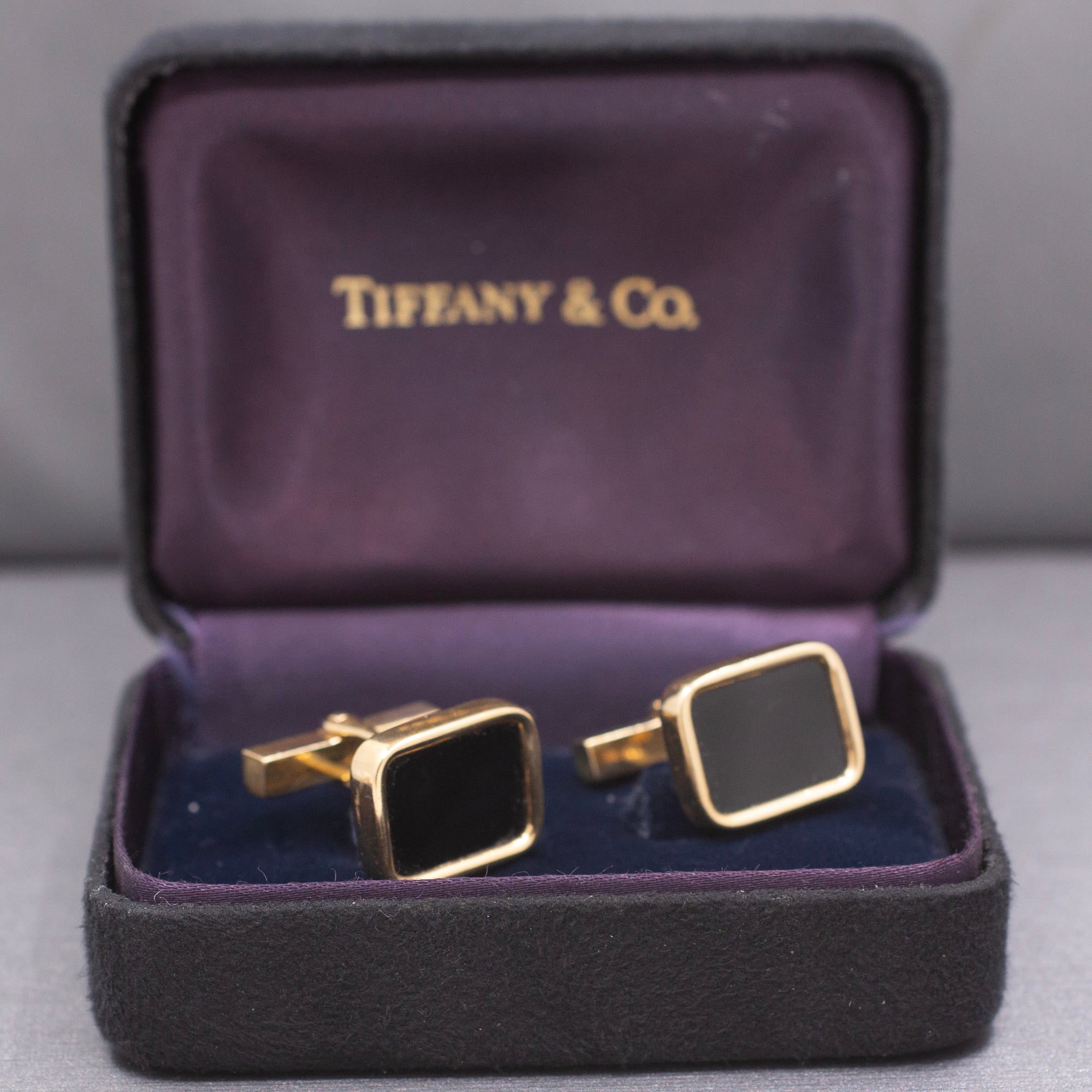 Vintage Tiffany & Co. Onyx Cufflinks in 14k Yellow Gold with Box