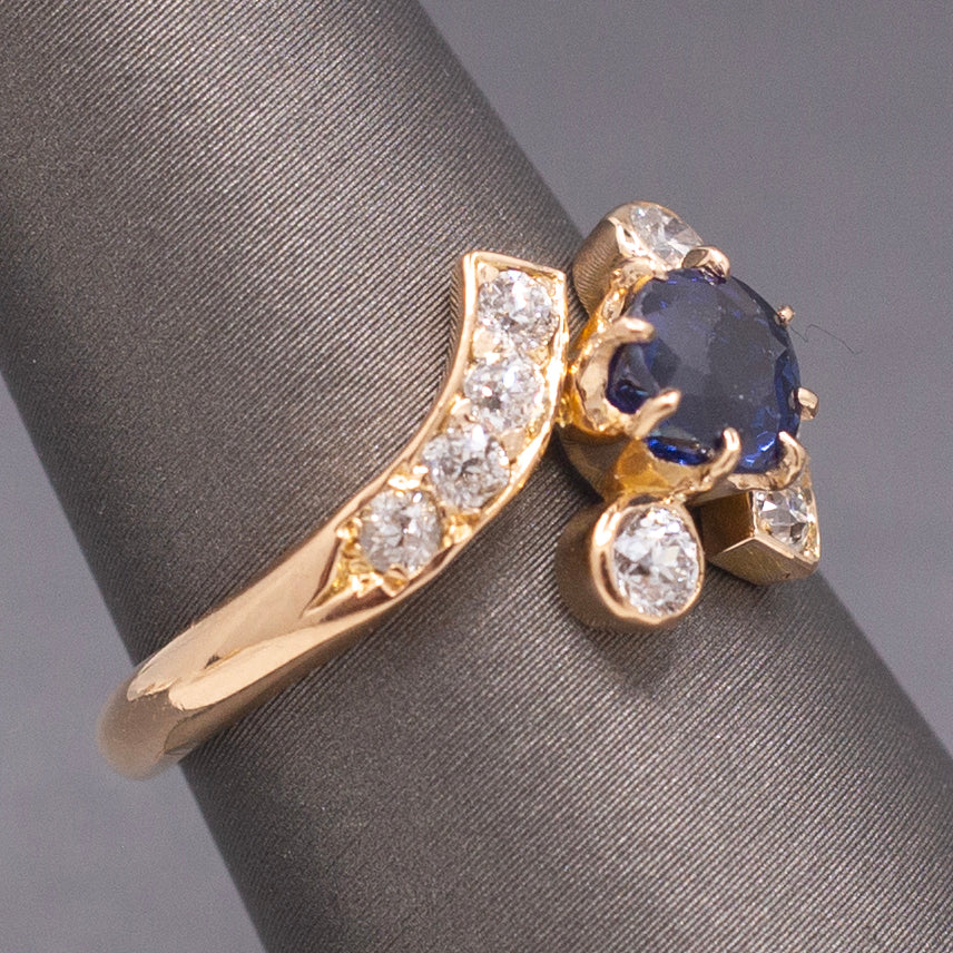 Victorian GIA Certified Royal Blue Sapphire and Old Cut Diamond Ring in 14k Yellow Gold