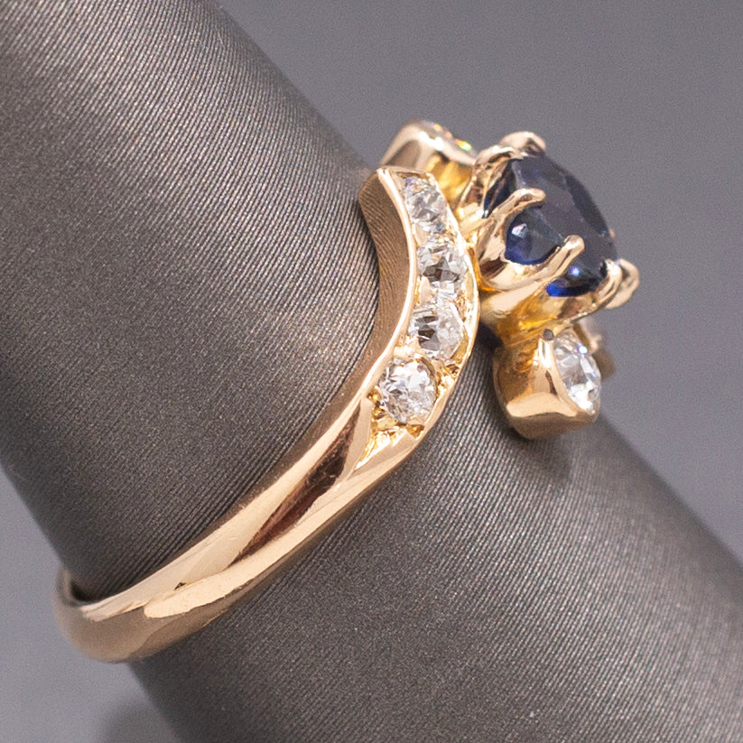 Victorian GIA Certified Royal Blue Sapphire and Old Cut Diamond Ring in 14k Yellow Gold
