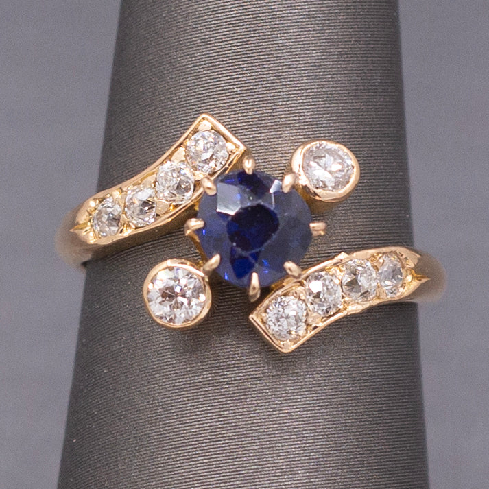 Victorian GIA Certified Royal Blue Sapphire and Old Cut Diamond Ring in 14k Yellow Gold