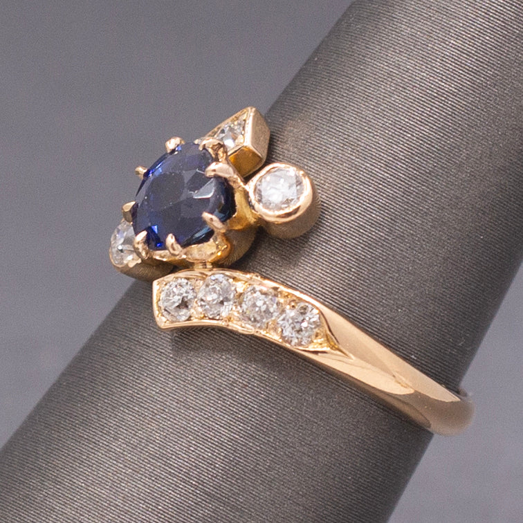 Victorian GIA Certified Royal Blue Sapphire and Old Cut Diamond Ring in 14k Yellow Gold