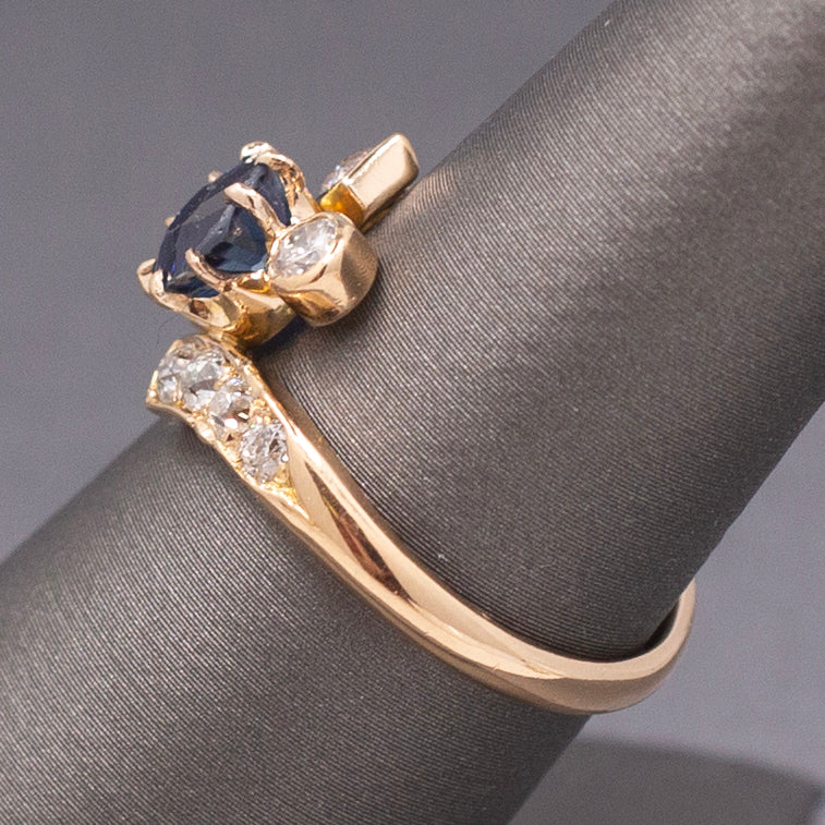Victorian GIA Certified Royal Blue Sapphire and Old Cut Diamond Ring in 14k Yellow Gold
