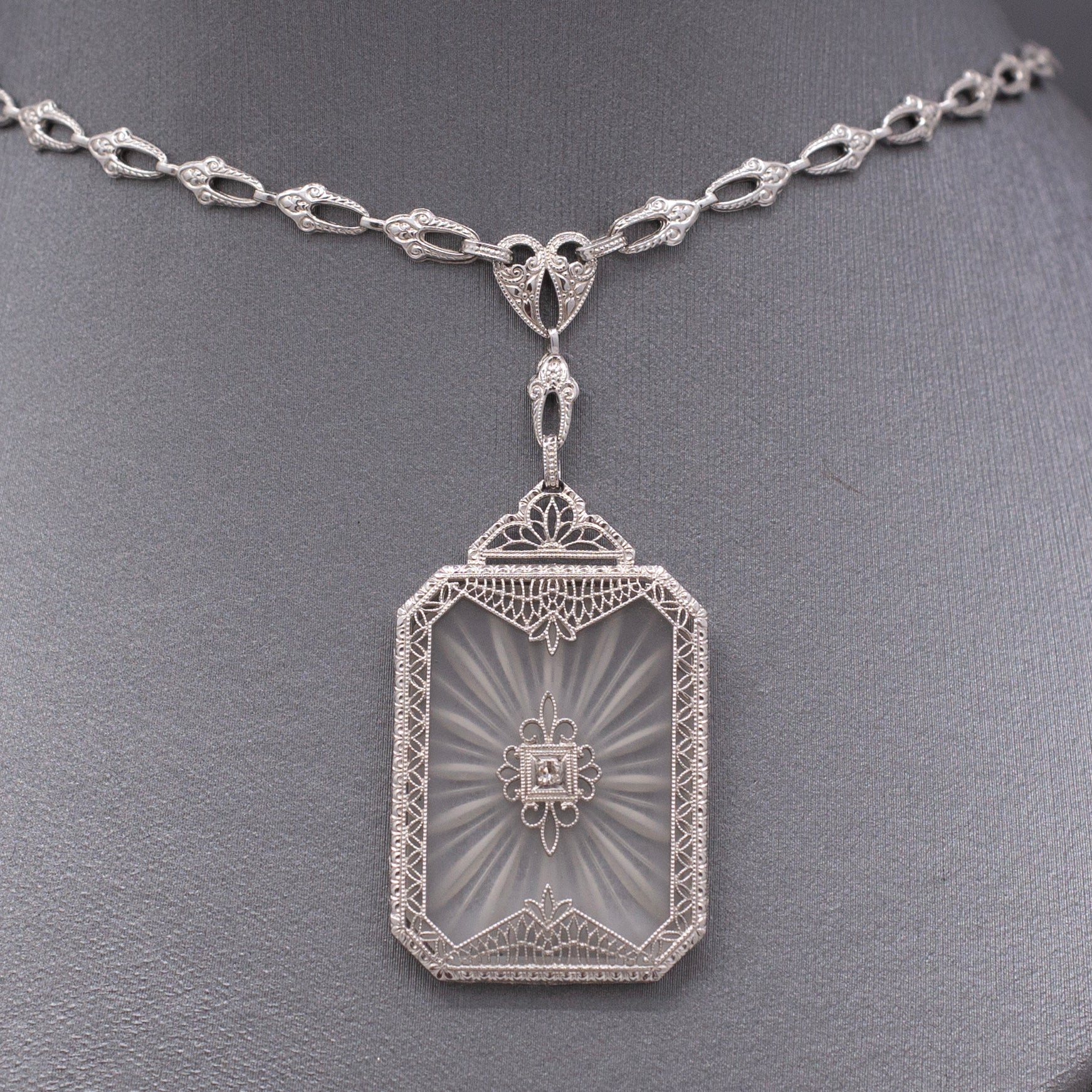 Exquisite Art Deco Camphor Glass and Diamond Statement Necklace in 10k White Gold