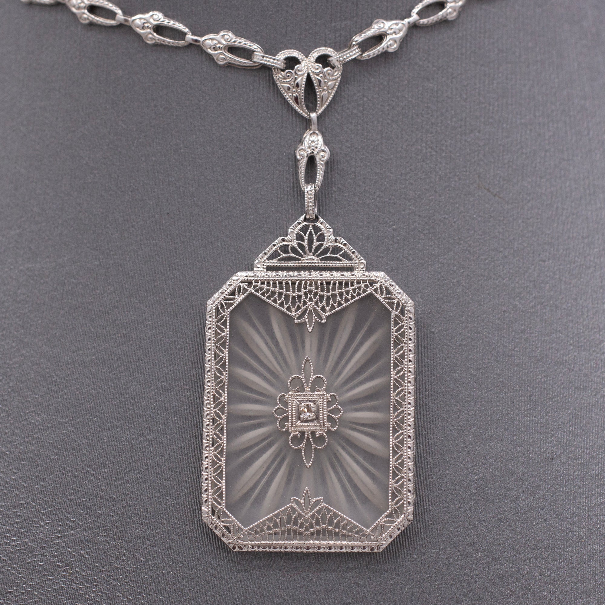 Exquisite Art Deco Camphor Glass and Diamond Statement Necklace in 10k White Gold