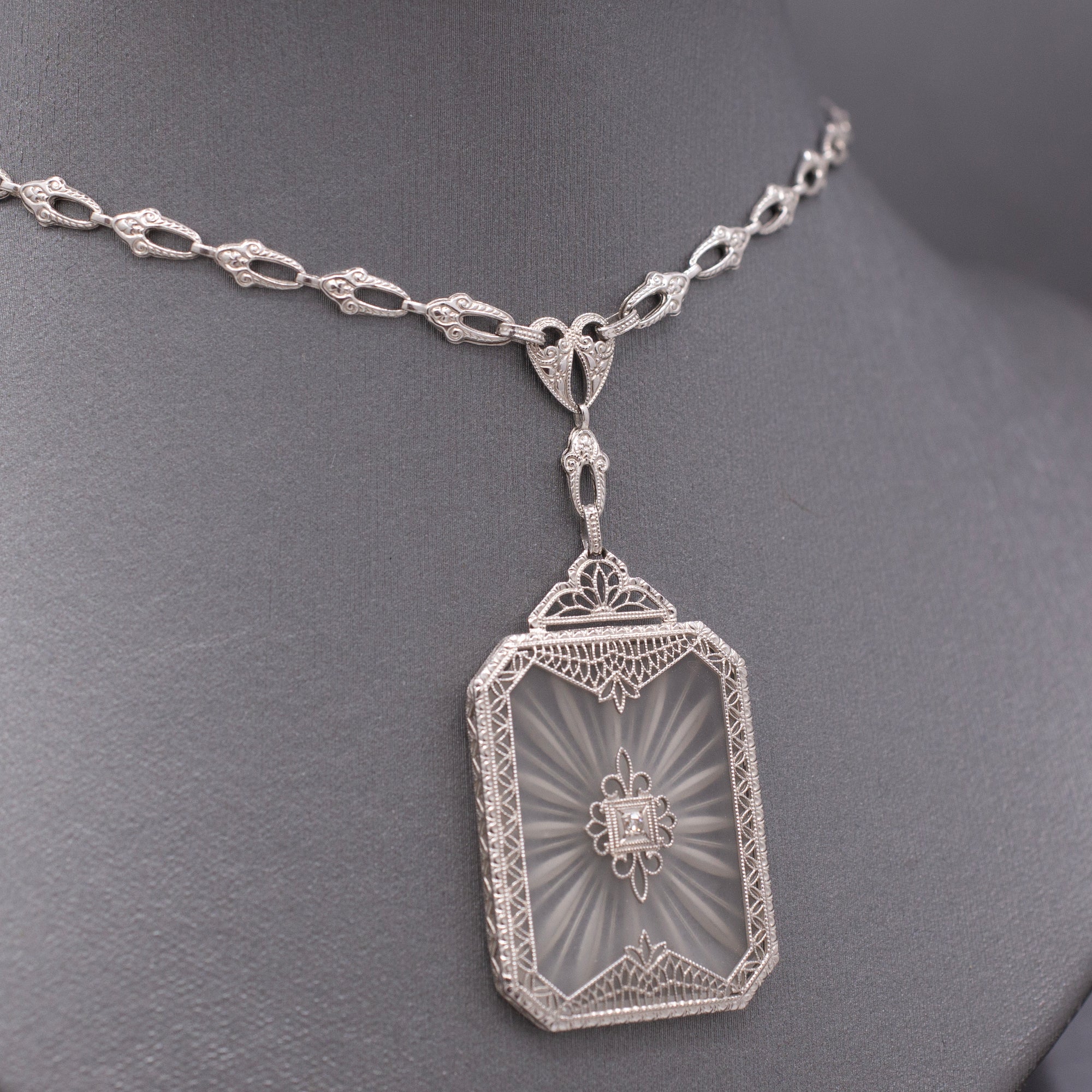 Exquisite Art Deco Camphor Glass and Diamond Statement Necklace in 10k White Gold