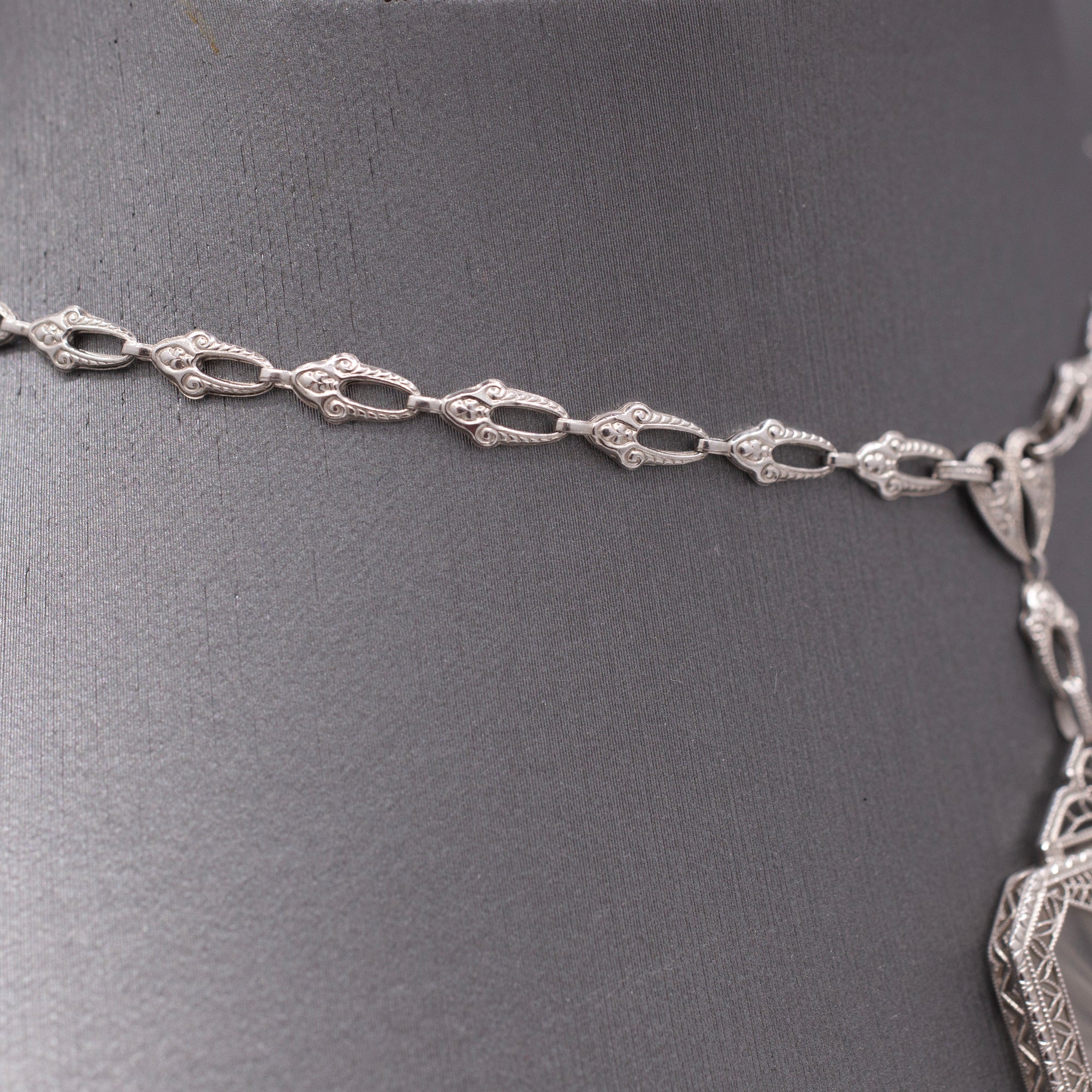 Exquisite Art Deco Camphor Glass and Diamond Statement Necklace in 10k White Gold