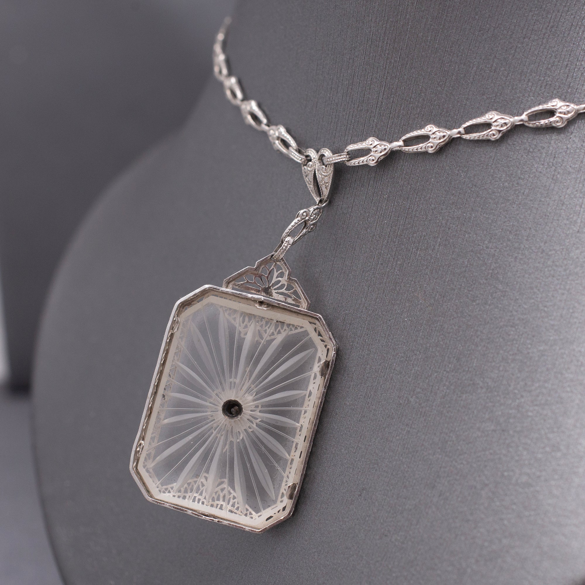 Exquisite Art Deco Camphor Glass and Diamond Statement Necklace in 10k White Gold