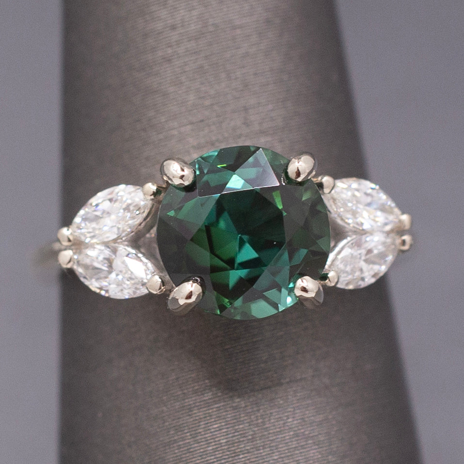 Deep Teal Forest Green Tourmaline and Marquise Diamond Ring in 14k White Gold