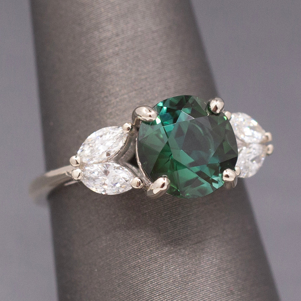 Deep Teal Forest Green Tourmaline and Marquise Diamond Ring in 14k White Gold
