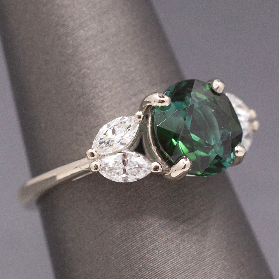 Deep Teal Forest Green Tourmaline and Marquise Diamond Ring in 14k White Gold