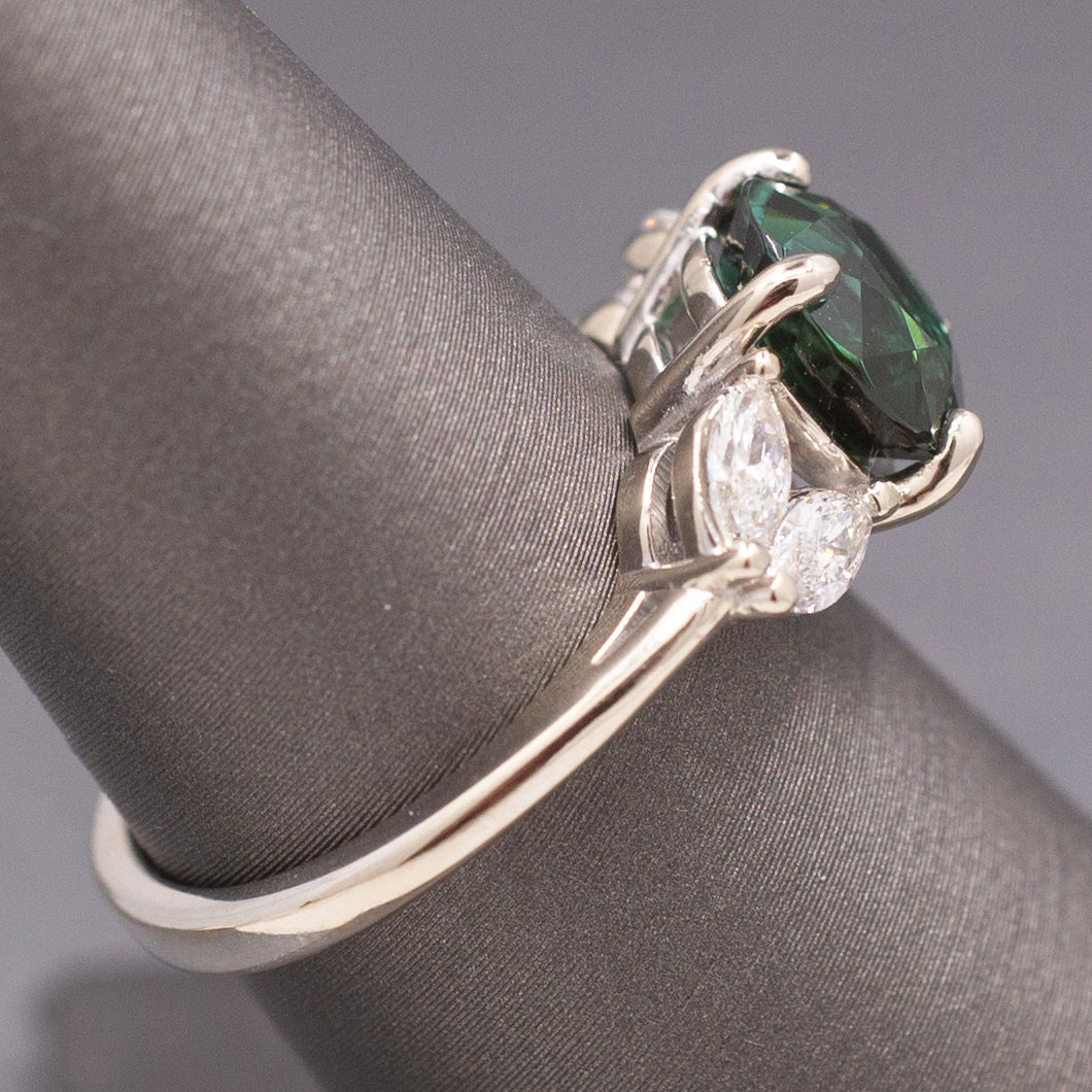 Deep Teal Forest Green Tourmaline and Marquise Diamond Ring in 14k White Gold
