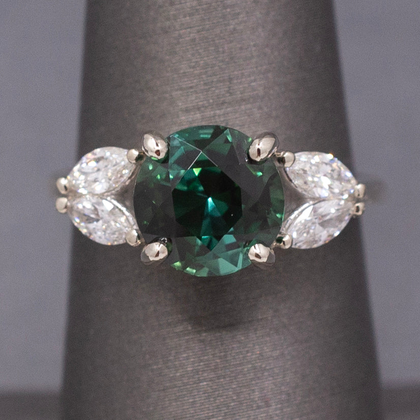 Deep Teal Forest Green Tourmaline and Marquise Diamond Ring in 14k White Gold