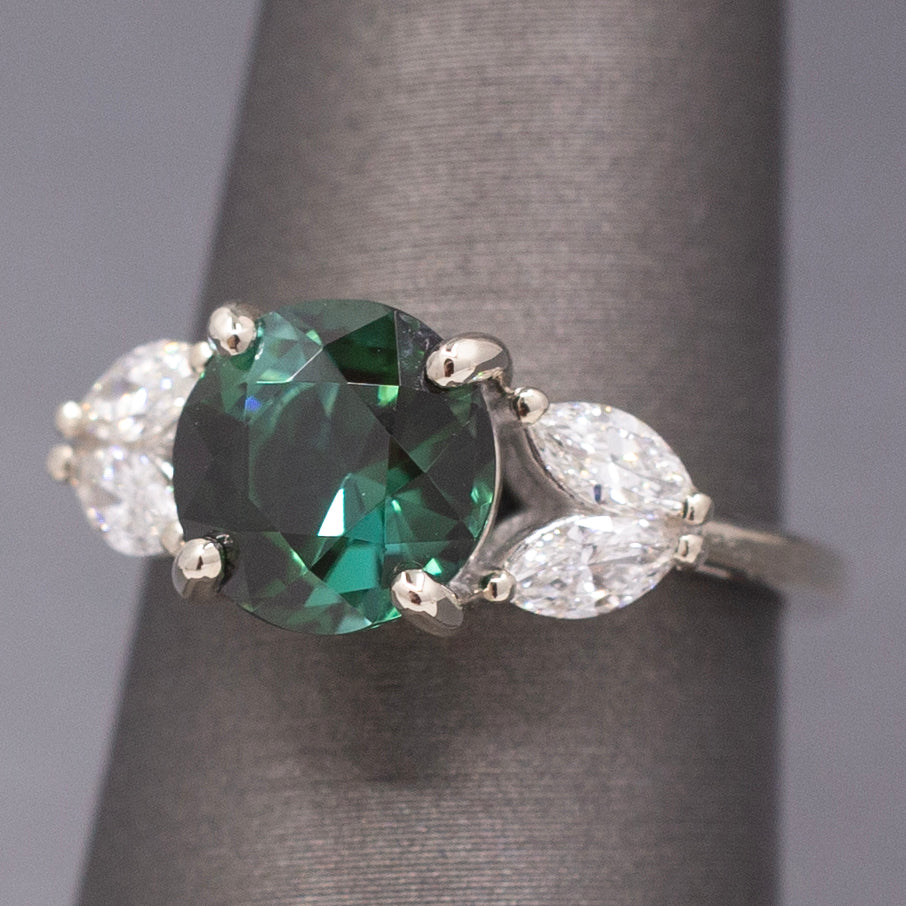 Deep Teal Forest Green Tourmaline and Marquise Diamond Ring in 14k White Gold