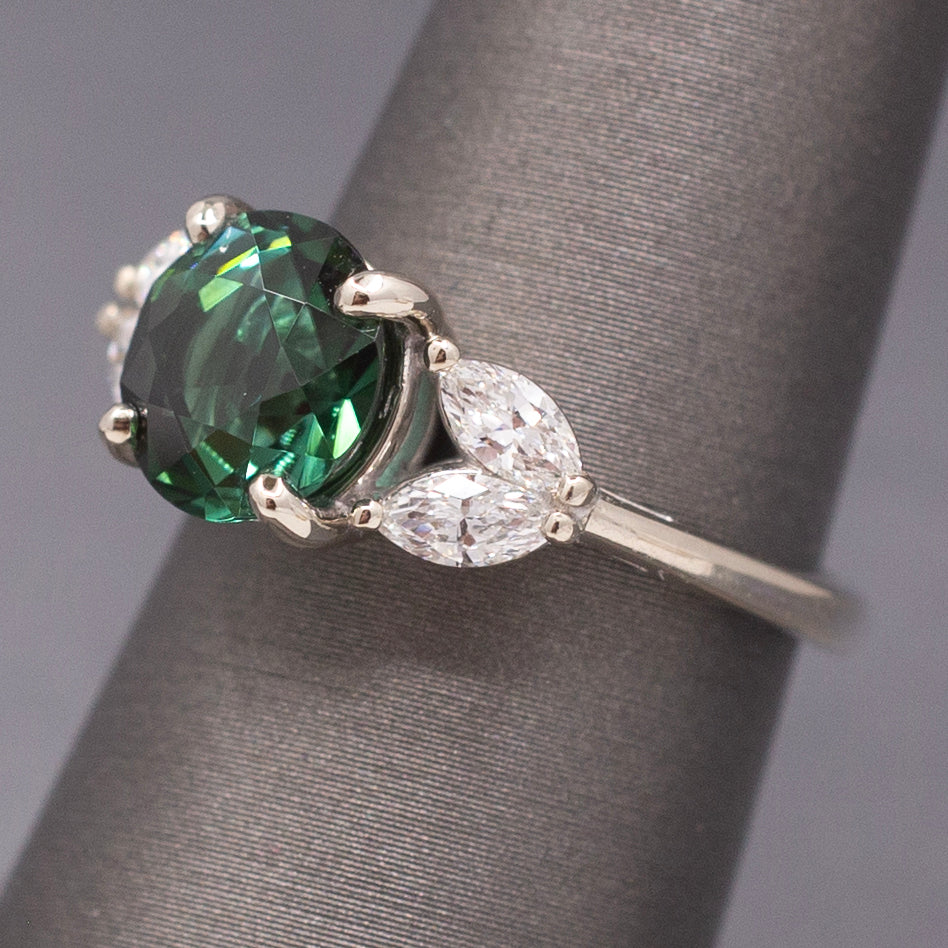 Deep Teal Forest Green Tourmaline and Marquise Diamond Ring in 14k White Gold