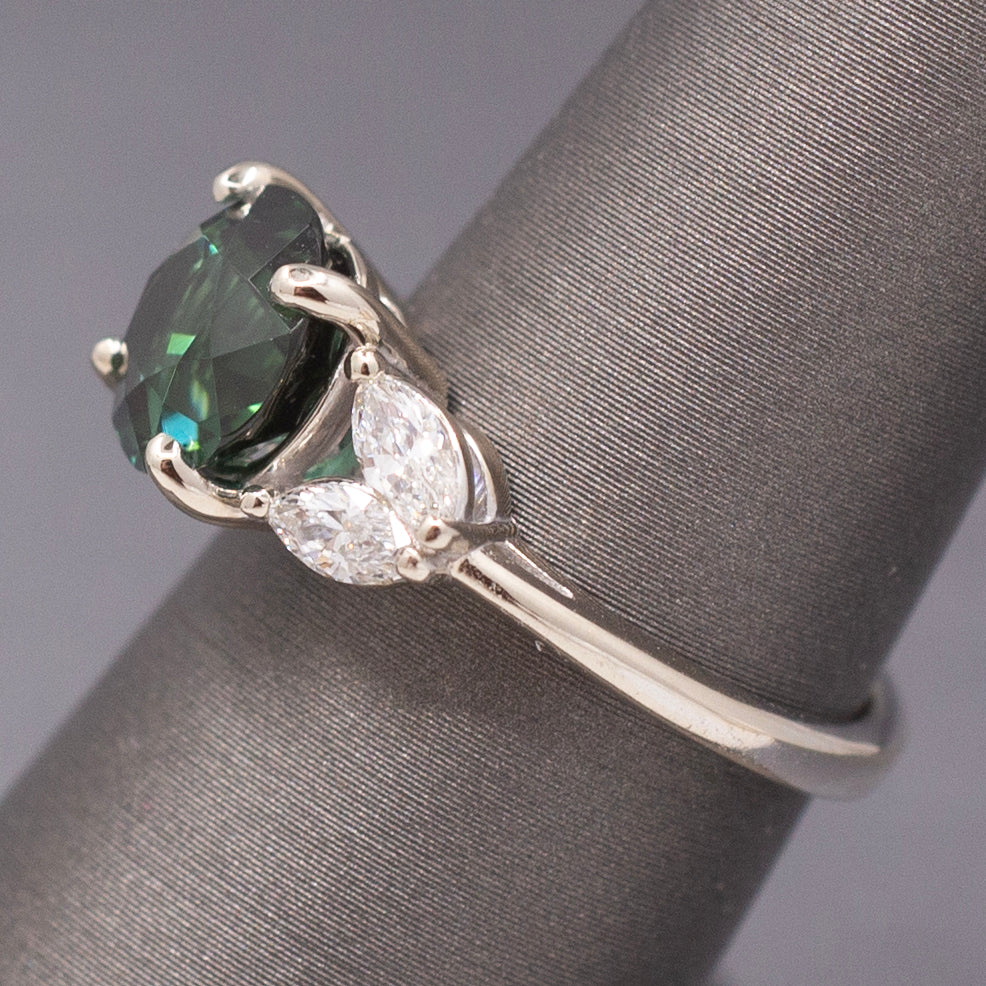 Deep Teal Forest Green Tourmaline and Marquise Diamond Ring in 14k White Gold