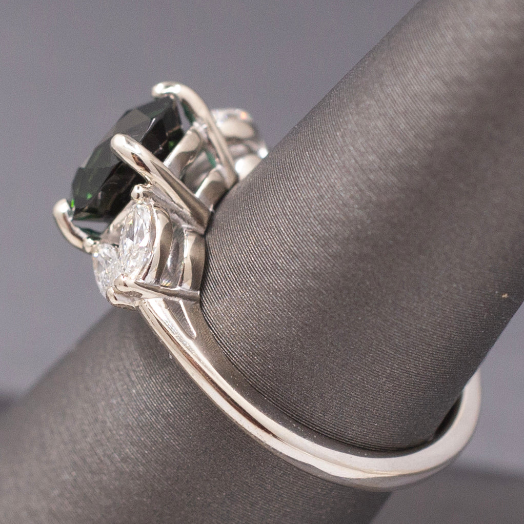 Deep Teal Forest Green Tourmaline and Marquise Diamond Ring in 14k White Gold