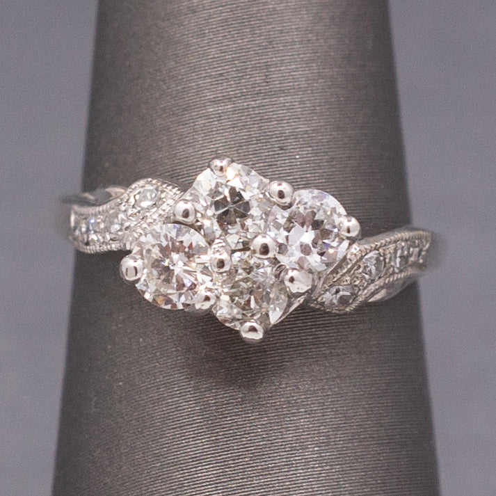 Old European Cut Diamond Cluster Bypass Ring in 14k White Gold