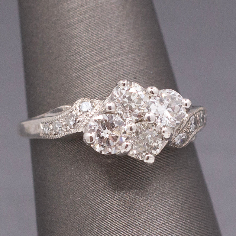 Old European Cut Diamond Cluster Bypass Ring in 14k White Gold