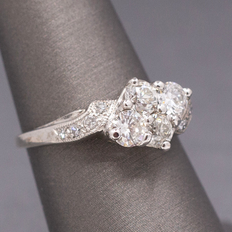 Old European Cut Diamond Cluster Bypass Ring in 14k White Gold