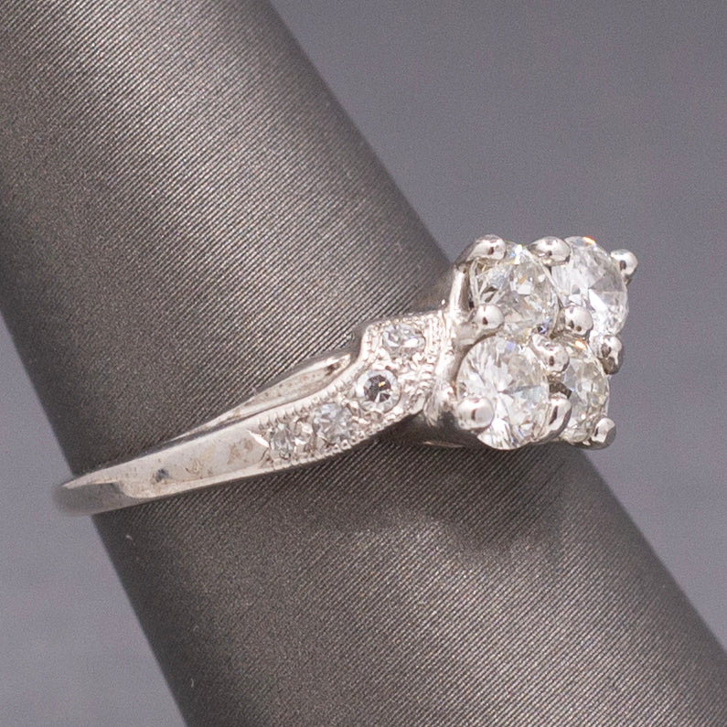 Old European Cut Diamond Cluster Bypass Ring in 14k White Gold