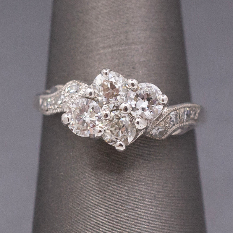 Old European Cut Diamond Cluster Bypass Ring in 14k White Gold