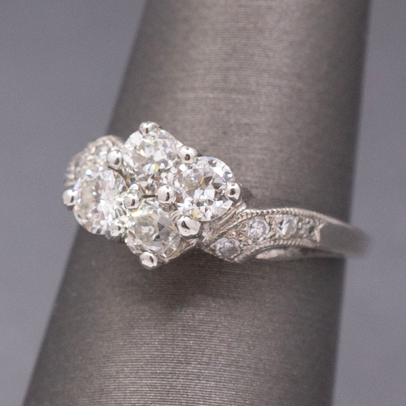 Old European Cut Diamond Cluster Bypass Ring in 14k White Gold
