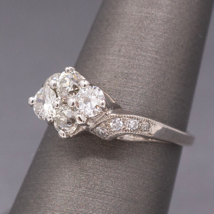 Old European Cut Diamond Cluster Bypass Ring in 14k White Gold