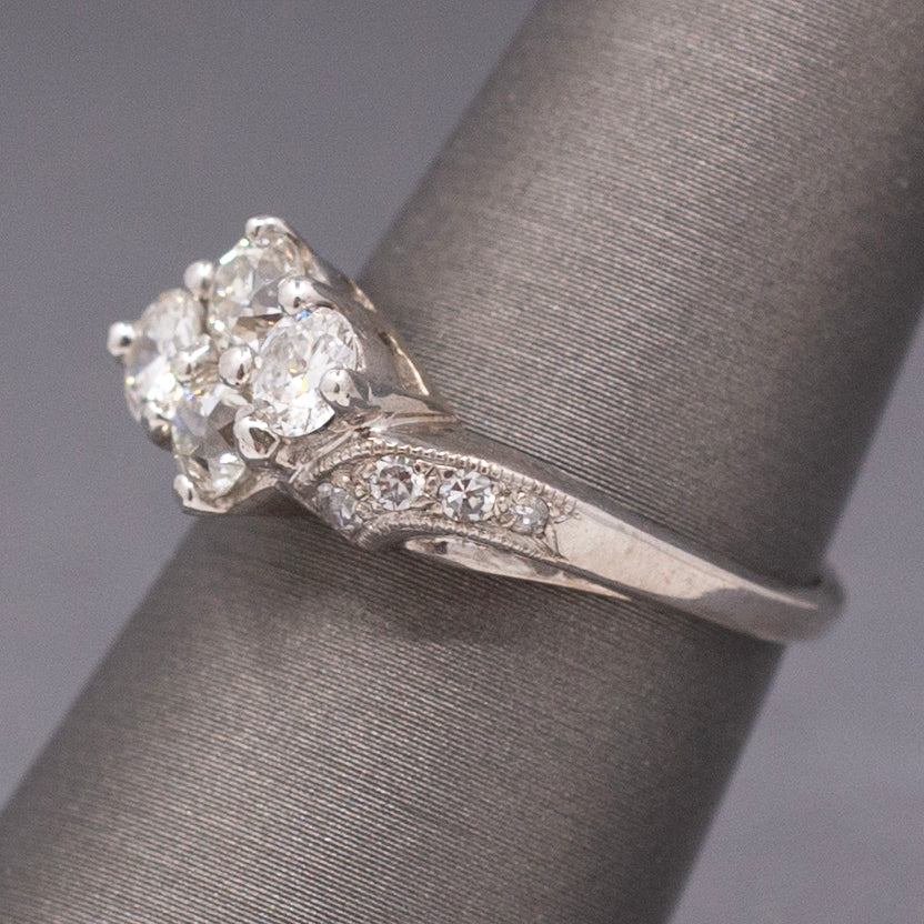 Old European Cut Diamond Cluster Bypass Ring in 14k White Gold