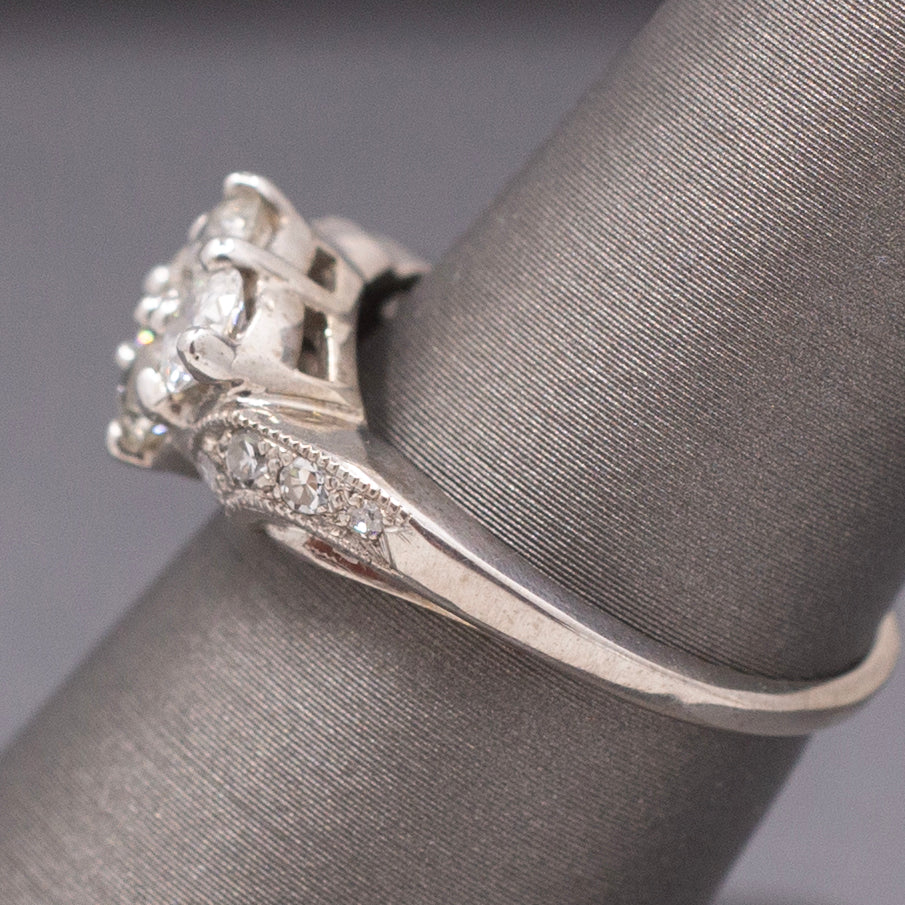 Old European Cut Diamond Cluster Bypass Ring in 14k White Gold