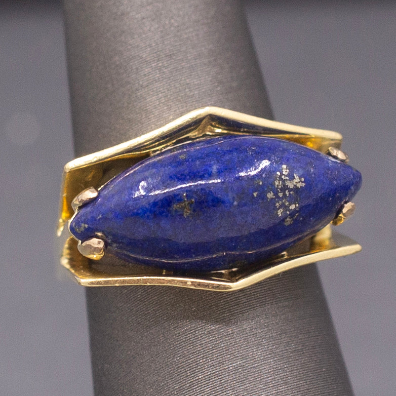 Vintage Modernist Lapis Lazuli East West Set Ring in 18k Yellow Gold