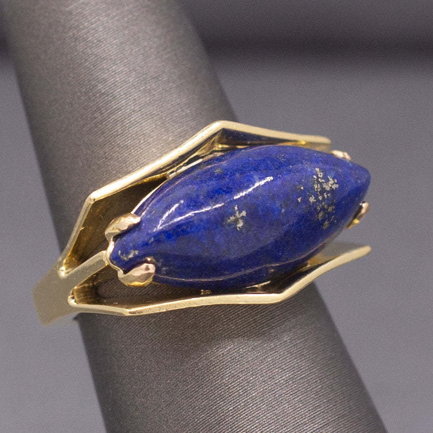 Vintage Modernist Lapis Lazuli East West Set Ring in 18k Yellow Gold