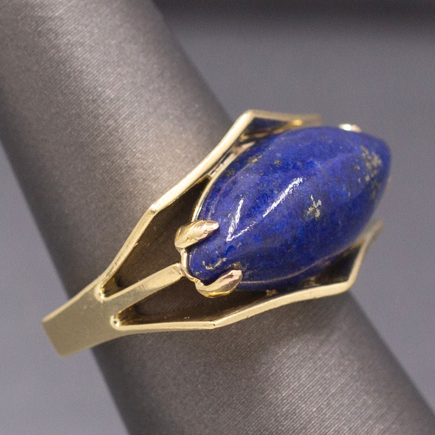 Vintage Modernist Lapis Lazuli East West Set Ring in 18k Yellow Gold