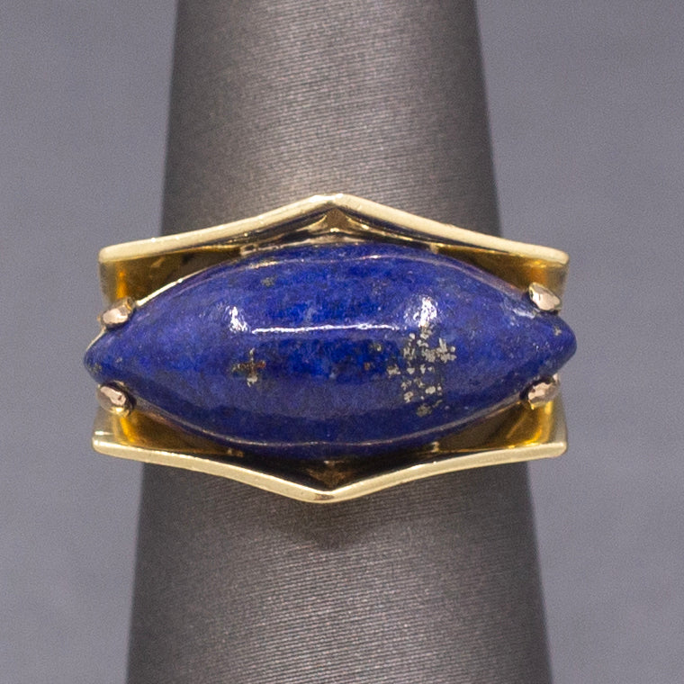 Vintage Modernist Lapis Lazuli East West Set Ring in 18k Yellow Gold