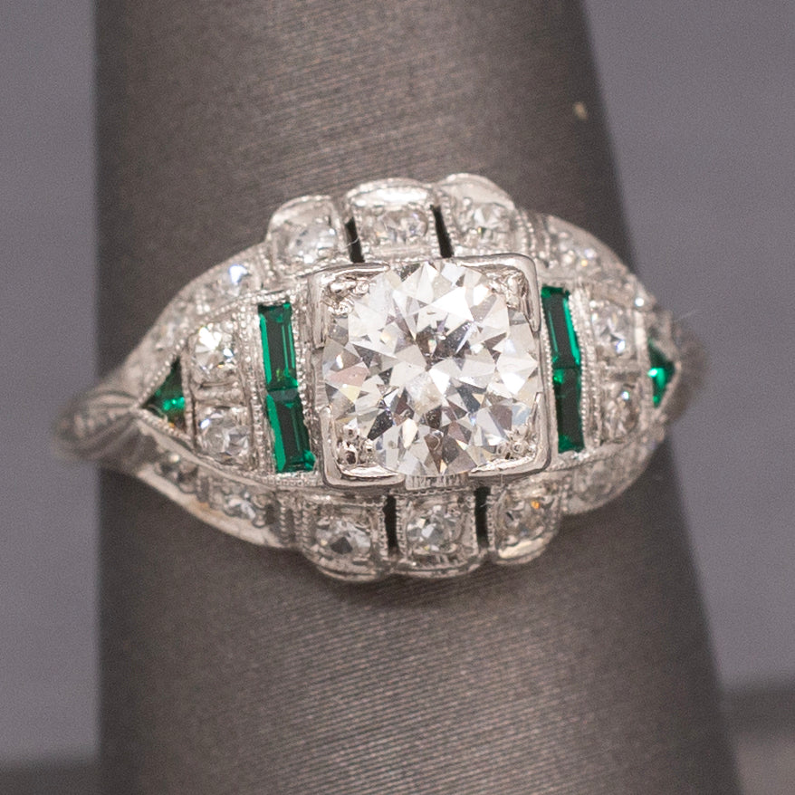 Exquisite Art Deco Old European Cut Diamond and Emerald Engagement Ring in Platinum