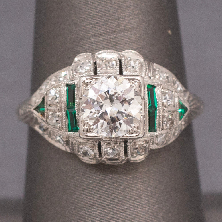 Exquisite Art Deco Old European Cut Diamond and Emerald Engagement Ring in Platinum
